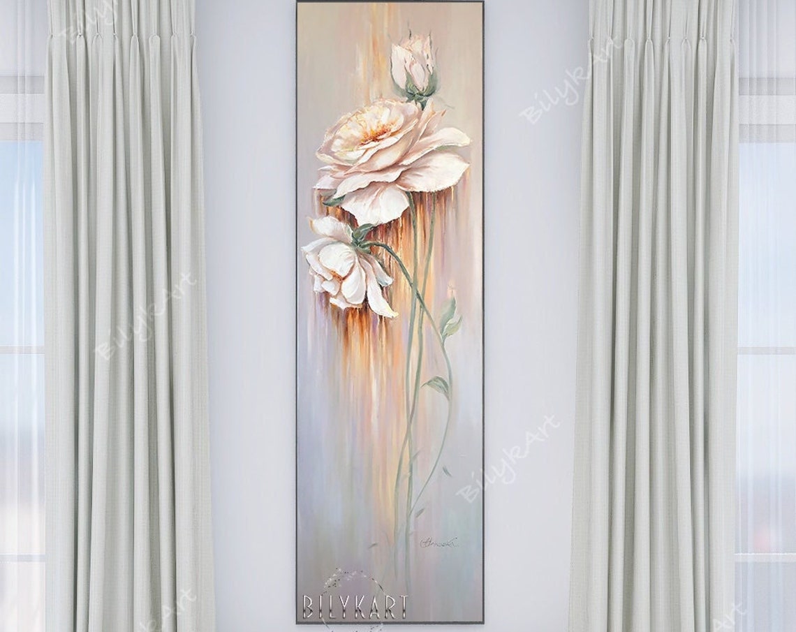 Long Narrow Wall Art Large Roses Flowers Oil Painting Tall Wall Art Pastel Colors Flowers Painting Long Painting Vertical Narrow Wall Decor - Image 3
