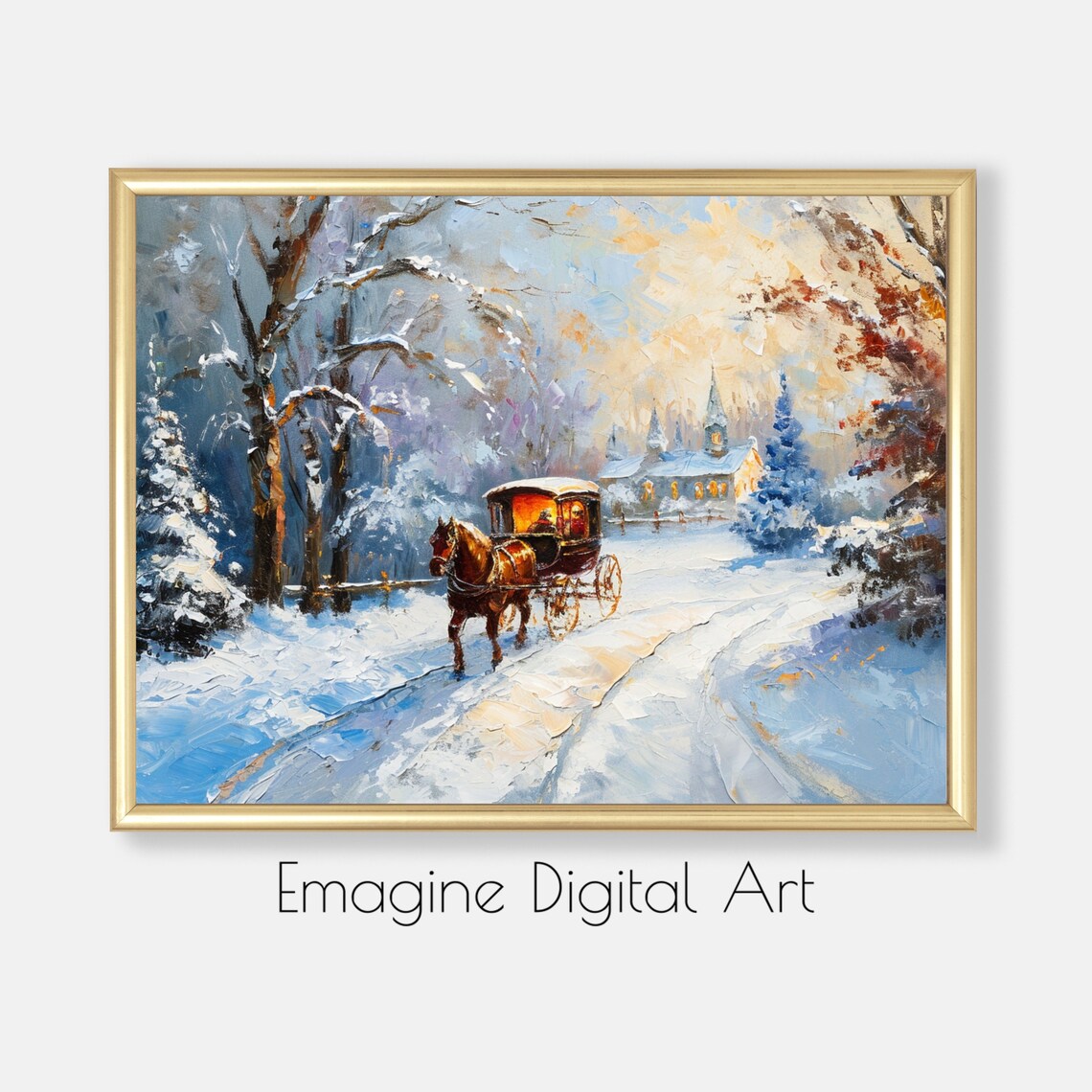 Cozy Snowy Winter Horse Carriage Village Church Scene Art Poster