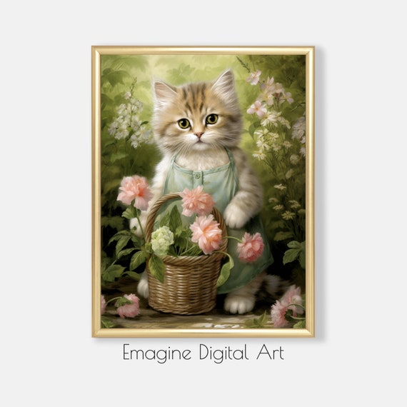 Art Kitten Picking Flowers In Garden Nursery Room Wall Decor To Instantly Print And Frame Kr10