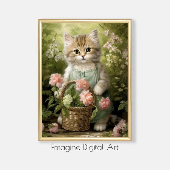 Cute Kitten In Green Dress Picking Flowers Garden Nursery Poster