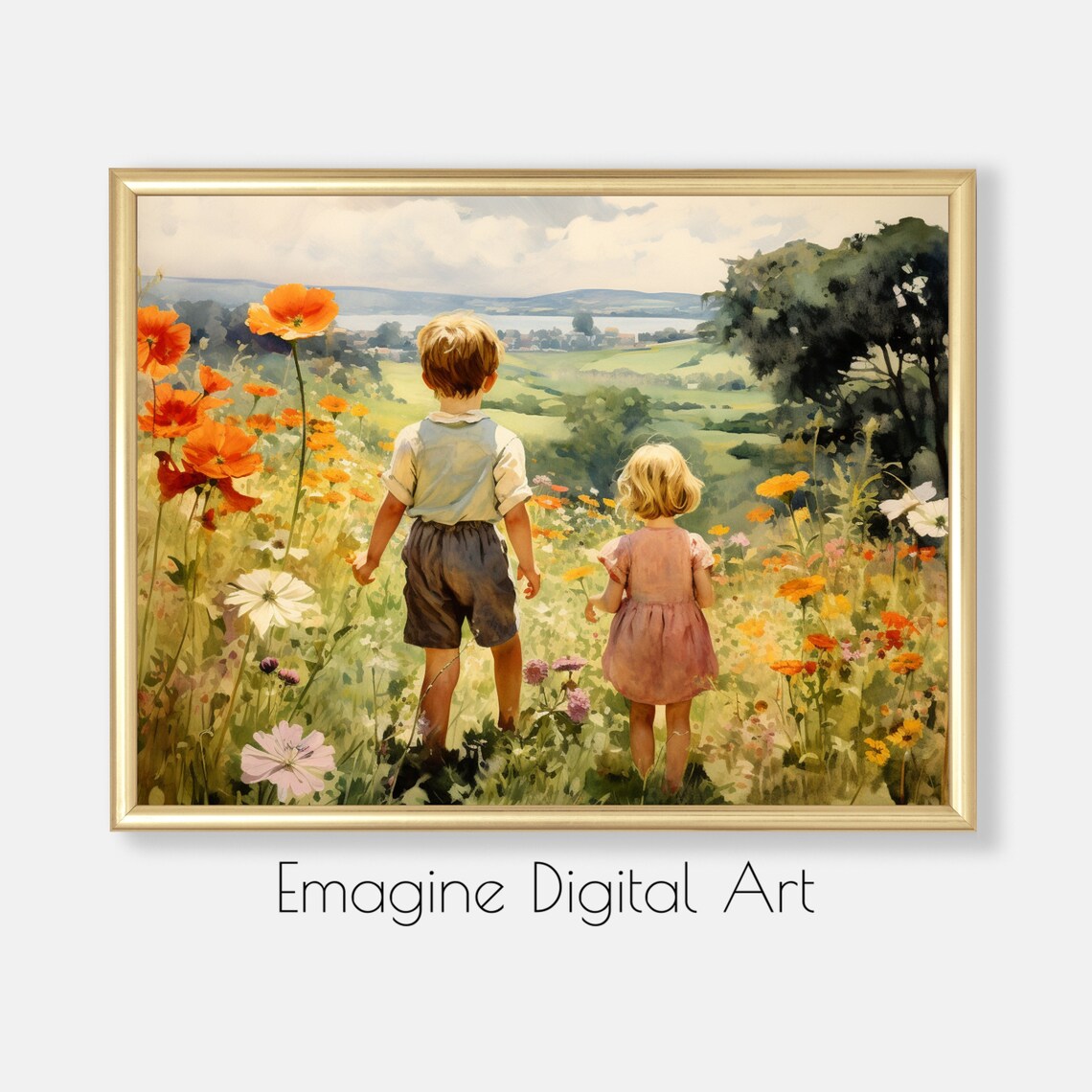 Children in Wildflower Meadow Vintage Country Childhood Poster