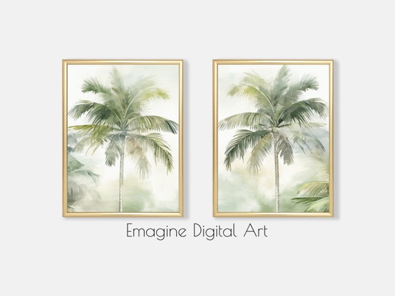 Art Set Of 2 Palm Trees Paintings Soft Tones Tropical Wall Decor To Instantly Print Frame Tr12