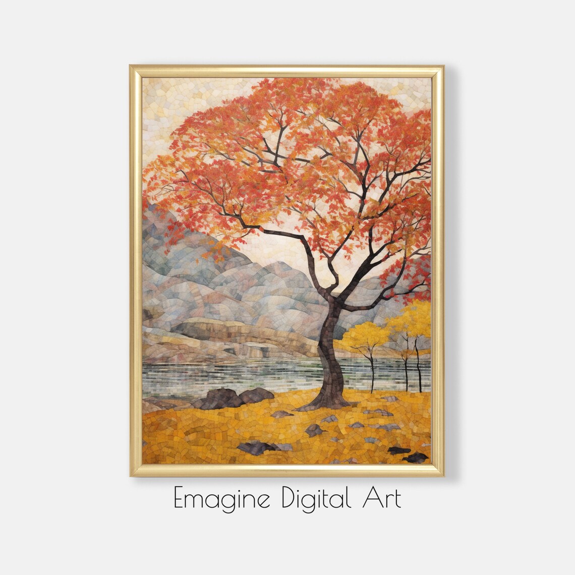 Autumn Red Tree by the Lake Mosaic Style Landscape Painting Poster