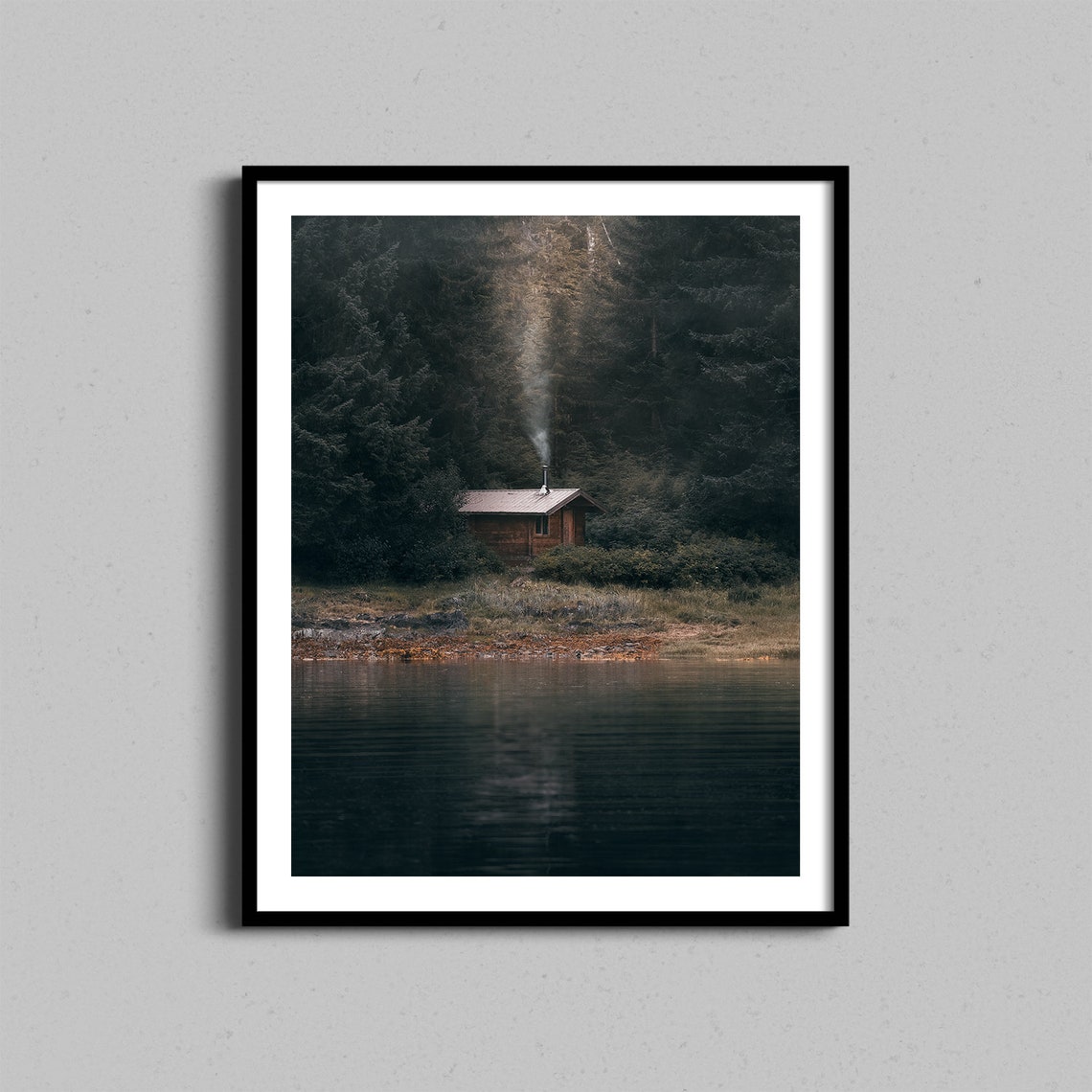 Rustic Log Cabin By Still Forest Lake Chimney Smoke Moody Wall Art