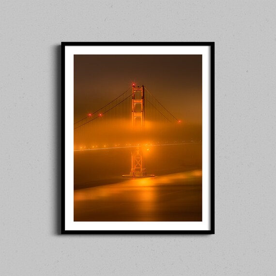 Golden Gate Bridge Glowing Fog Night Skyline Photo Art Poster