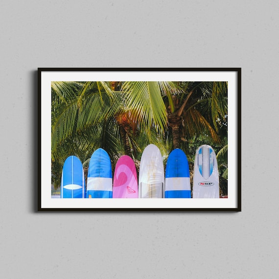 Colorful Surfboards Under Palm Trees Tropical Beach Photography Print