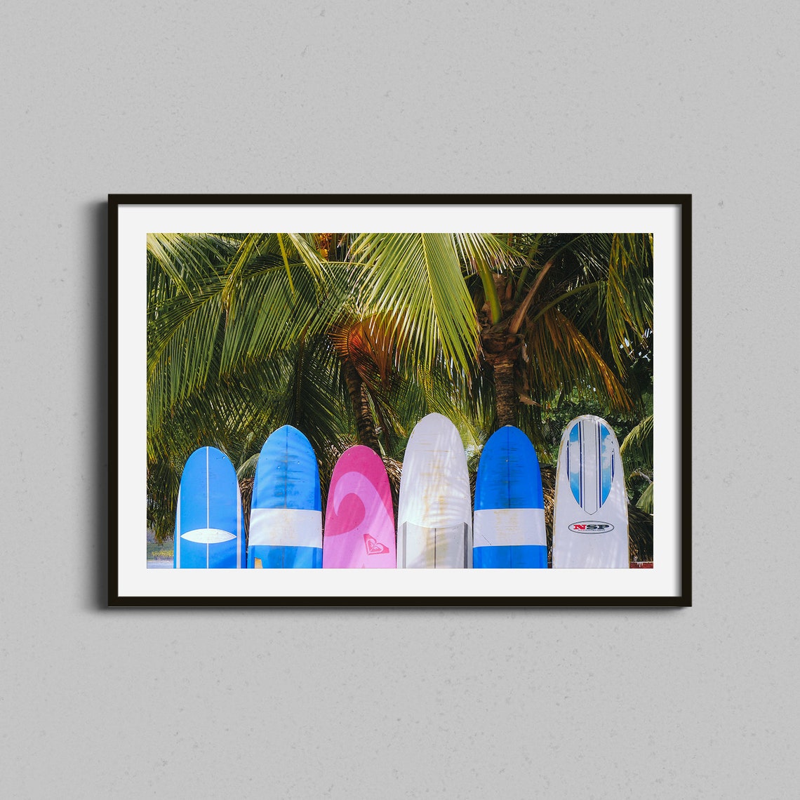 Colorful Surfboards Under Palm Trees Tropical Beach Photography Print