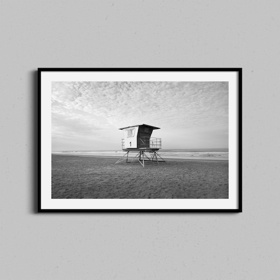 Black and White Lifeguard Tower Beach Photography Print Coastal Wall Decor