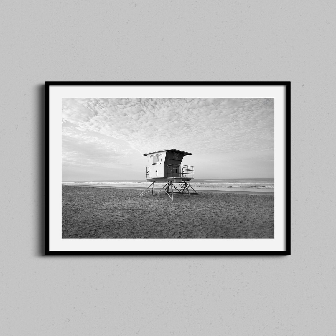 Black and White Lifeguard Tower Beach Photography Print Coastal Wall Decor