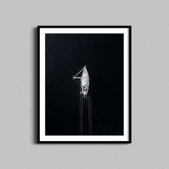 Minimalist Aerial Sailboat Black and White Ocean Photo Art Print