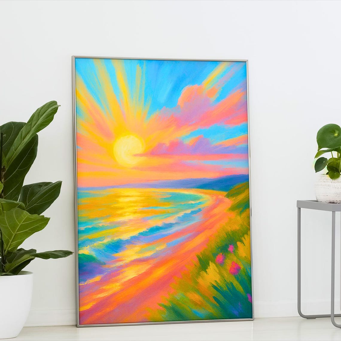 Radiant Sunset Over Ocean Colorful Beach Landscape Art Print