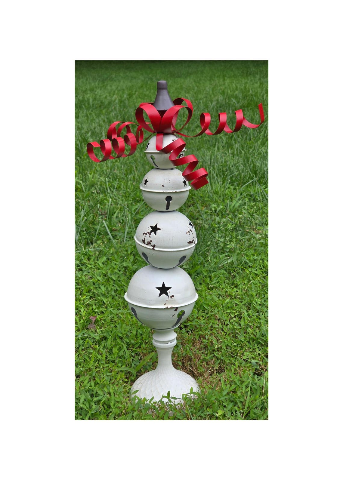 Stacked White Jingle Bell Christmas Tree Stand Red Ribbon Ornament