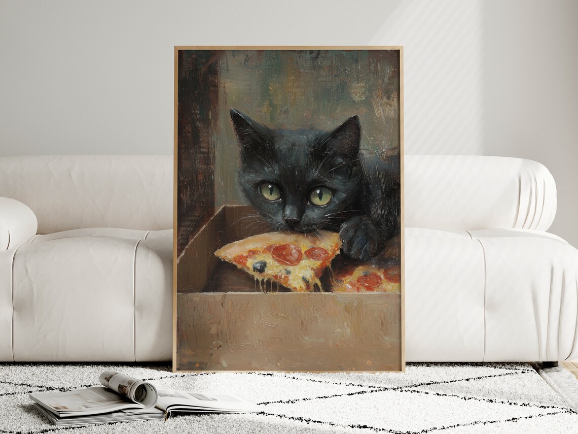 Cute Cat Eating Pizza, Funny Kitchen Art Print - Image 4