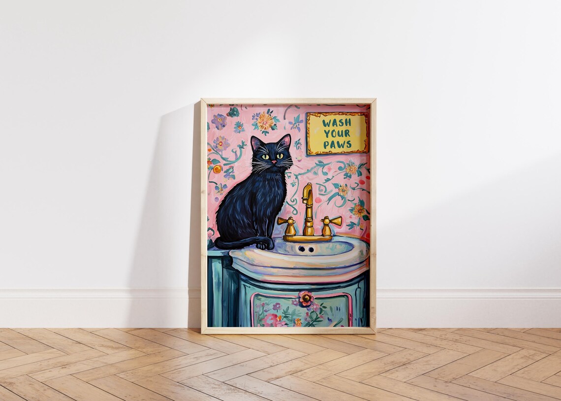 Wash Your Paws Funny Cat Bathroom Art Print - Image 5