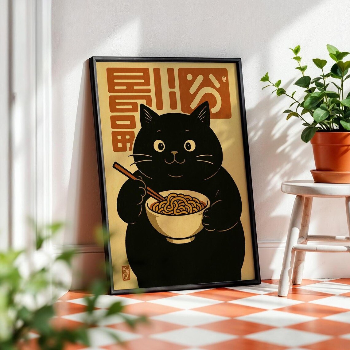 Chubby Cat Ramen, Japanese Retro Style Art Print