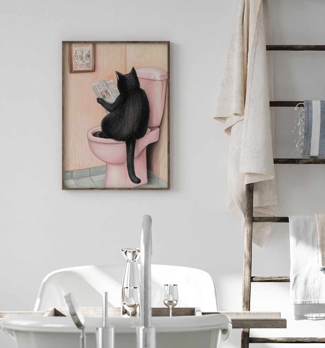 Cat Reading A Newspaper, Funny Bathroom Art Print - Image 3