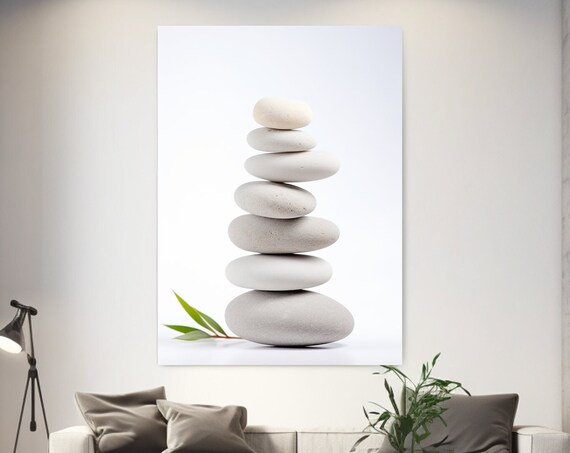 White Zen Stones Balanced Stack Minimal Calm Spa Meditation Wall Art