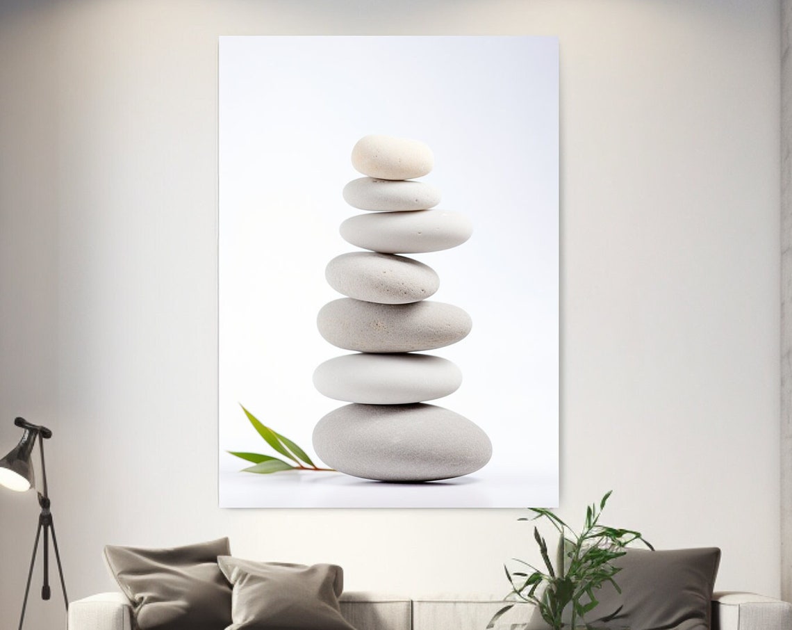 White Zen Stones Balanced Stack Minimal Calm Spa Meditation Wall Art
