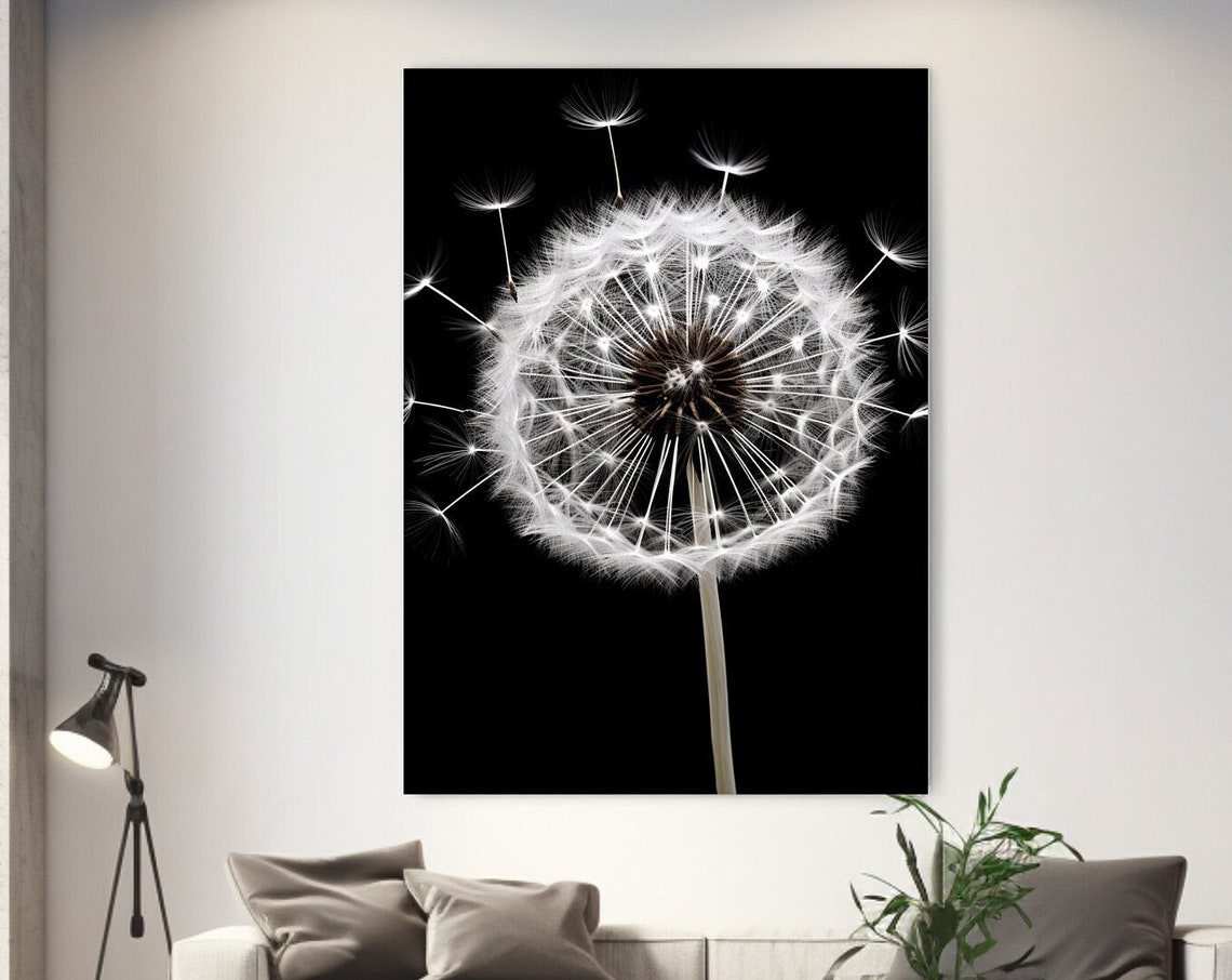 White Dandelion Seed Head on Black Background Botanical Wall Poster