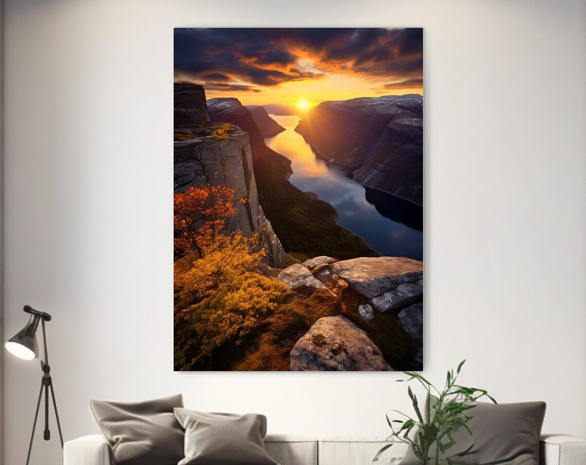 Norway Fjord Sunset Orange Sky Rocky Cliffs Landscape Travel Poster