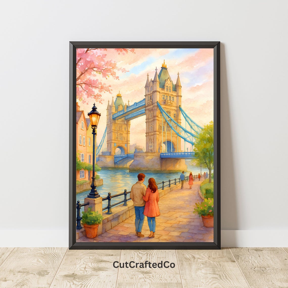 Tower Bridge Spring Romance Watercolor Couple Cherry Blossom Poster