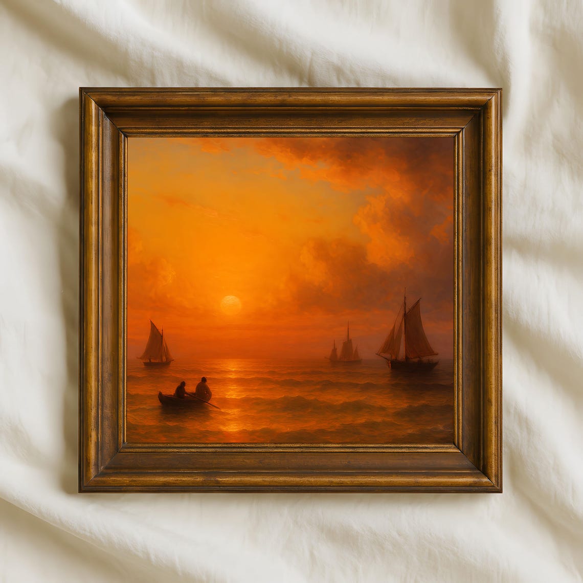 Fiery Orange Ocean Sunset Fishermen Rowboat Sailing Ships Poster