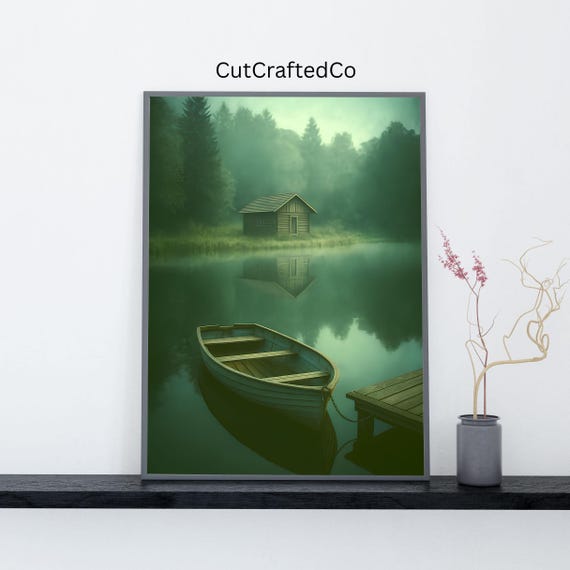 Misty Lake Cabin With Rowboat Peaceful Forest Wall Art Print Cinematic Nature Photography Style