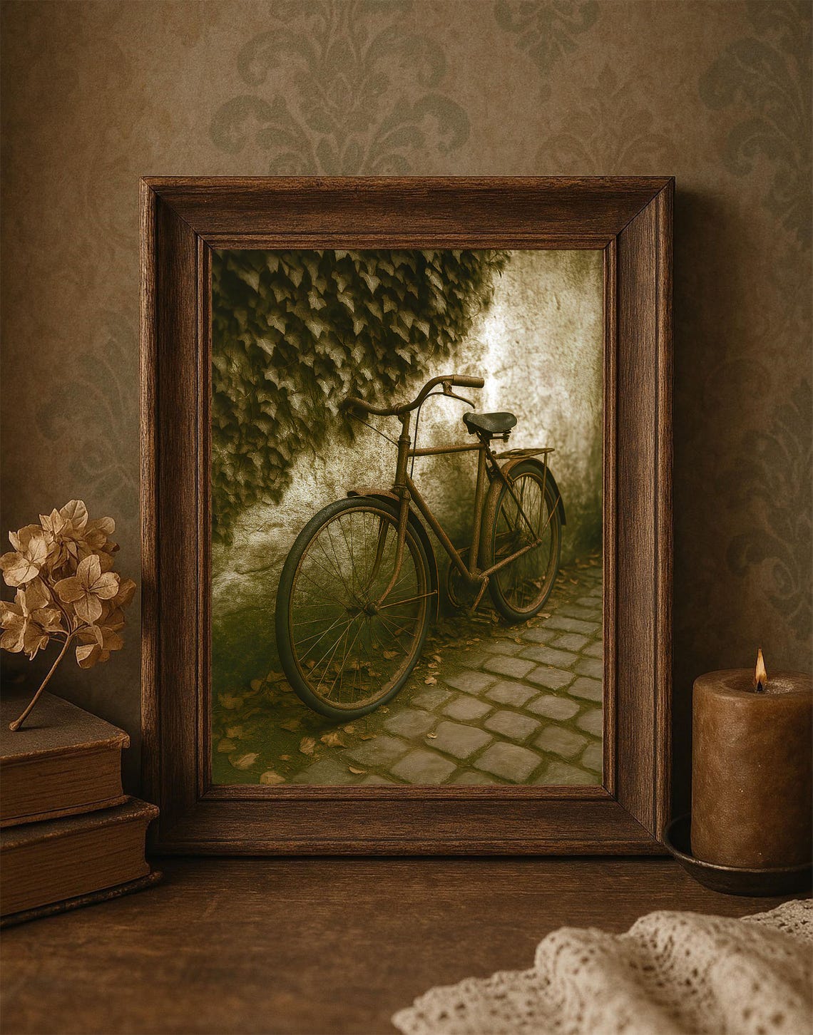 Vintage Rusty Bicycle on Cobblestone Street Nostalgic Bike Poster