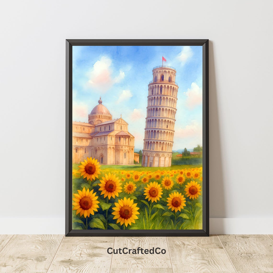 Leaning Tower Of Pisa Watercolor Print Italy Landmark Wall Art With Sunflower Field Tuscany Travel Png 300 Dpi