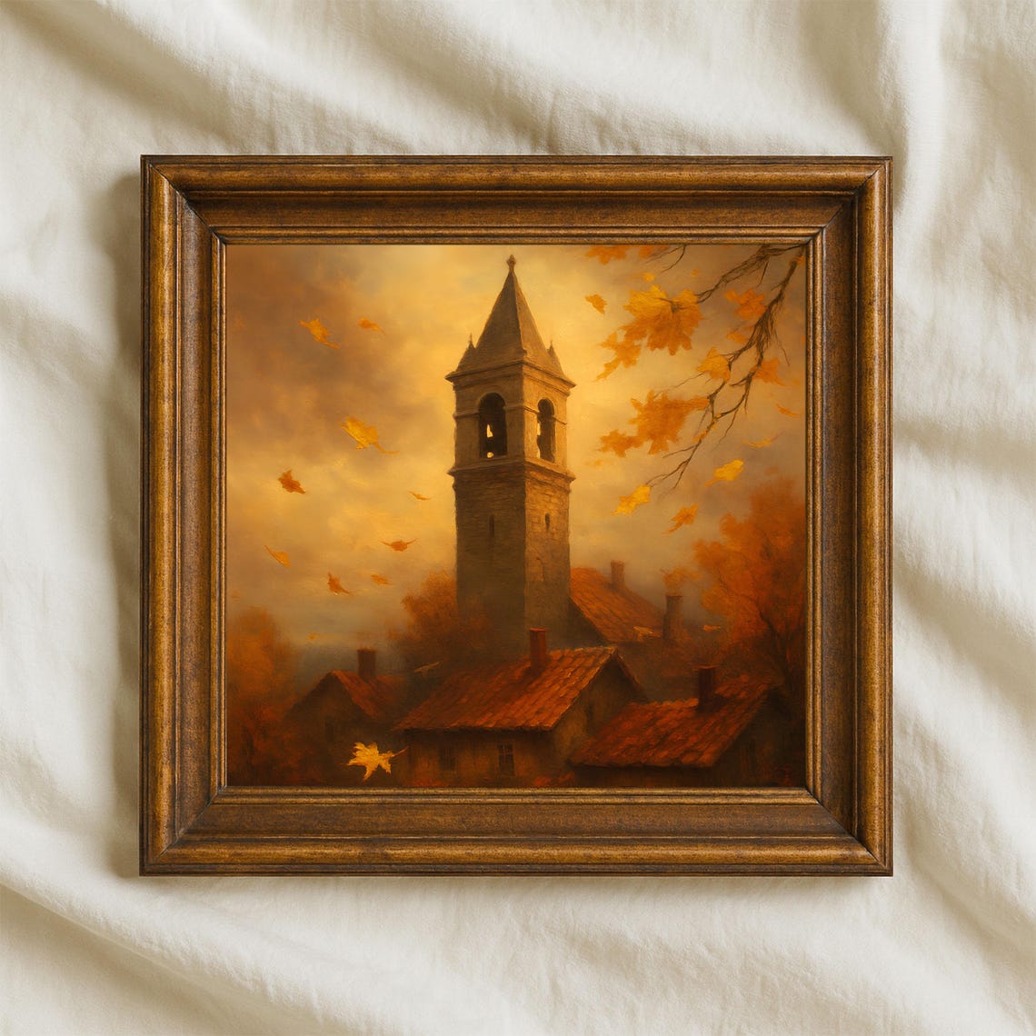 Stone Bell Tower Village Rooftops Autumn Wind Falling Leaves Art Print