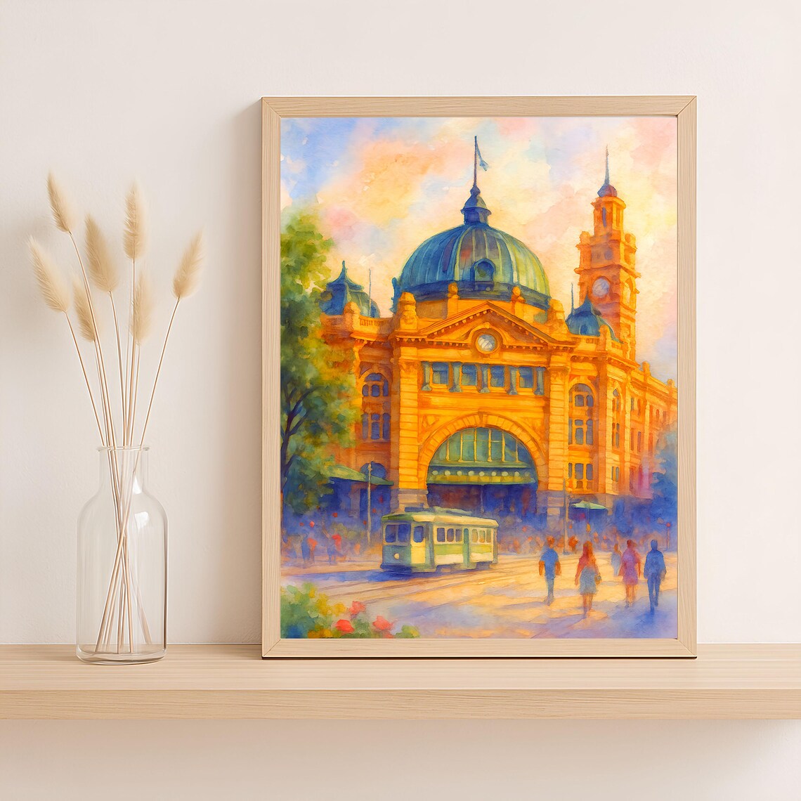 Melbourne Flinders Street Station Tram Watercolor City Poster