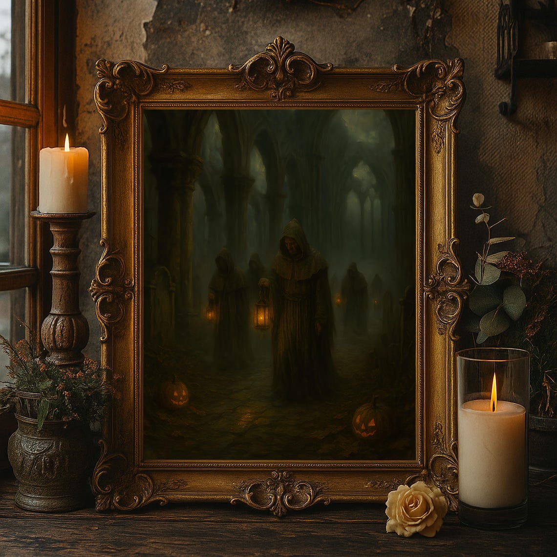 Gothic Monks Lantern Halloween Wall Art Haunted Cloister Dark Academia Decor Spooky