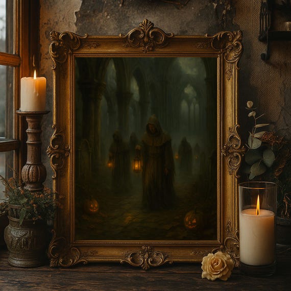 Gothic Monks Lantern Halloween Wall Art Haunted Cloister Dark Academia Decor Spooky