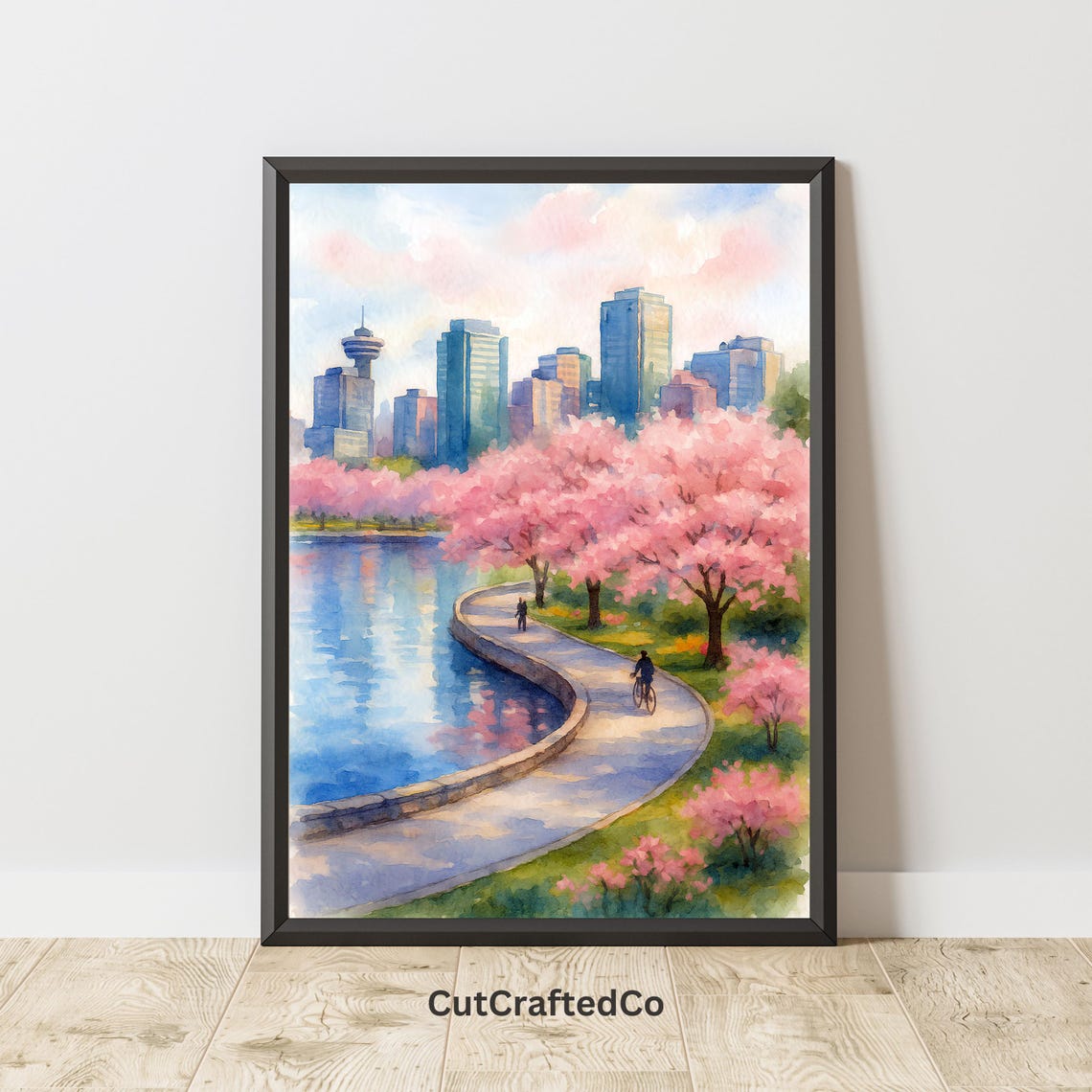 Vancouver Cherry Blossom Seawall Spring Skyline Watercolor Poster