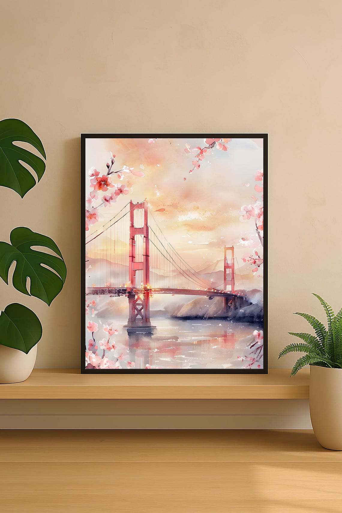 Golden Gate Bridge Pink Cherry Blossom Watercolor San Francisco Poster