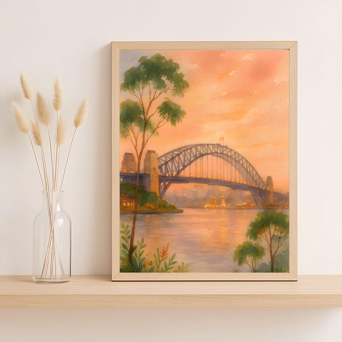 Sydney Harbour Bridge Sunset Romantic Watercolor Wall Poster