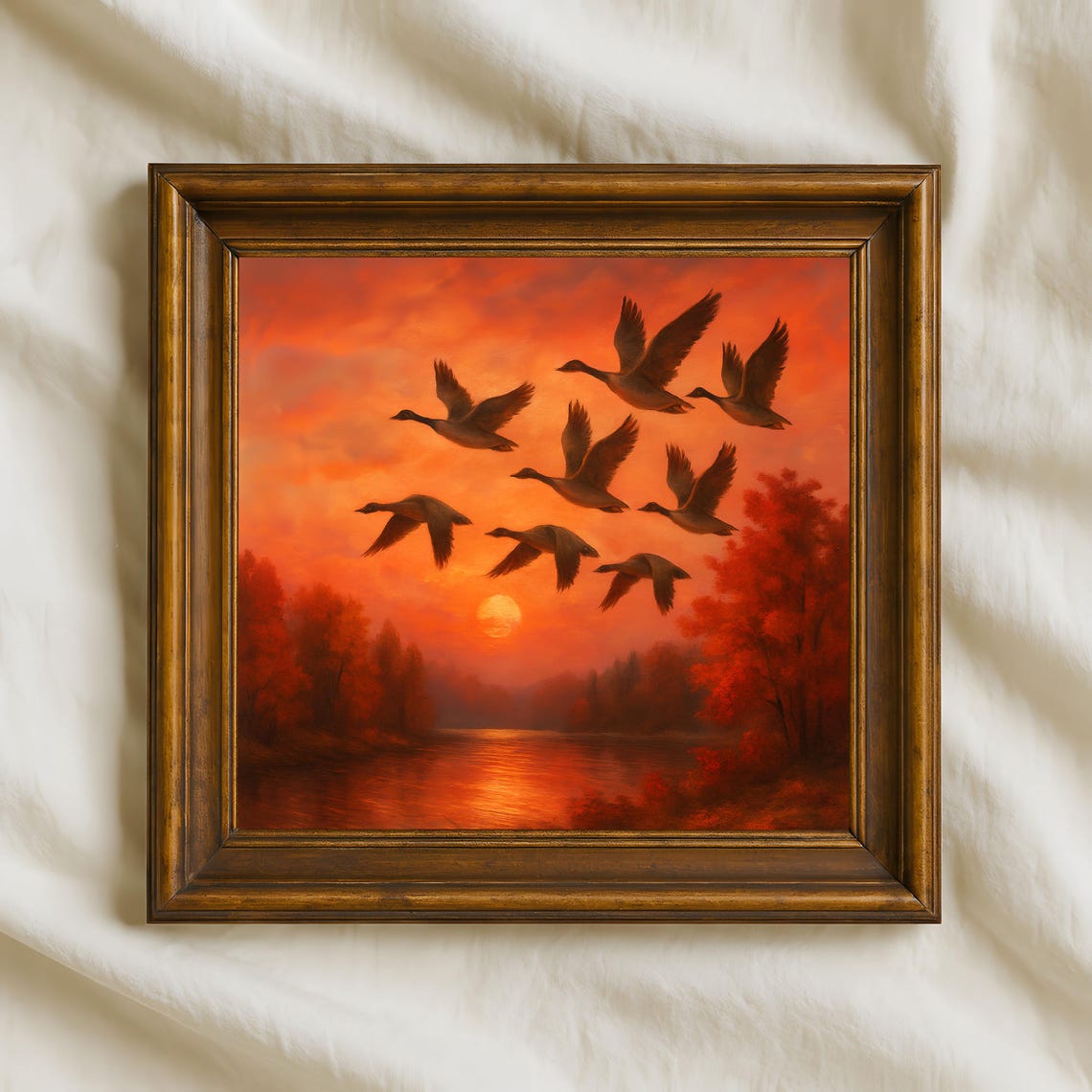 Autumn Sunset Geese Oil Painted Rustic Fall Landscape Wall Art Print Flying Birds