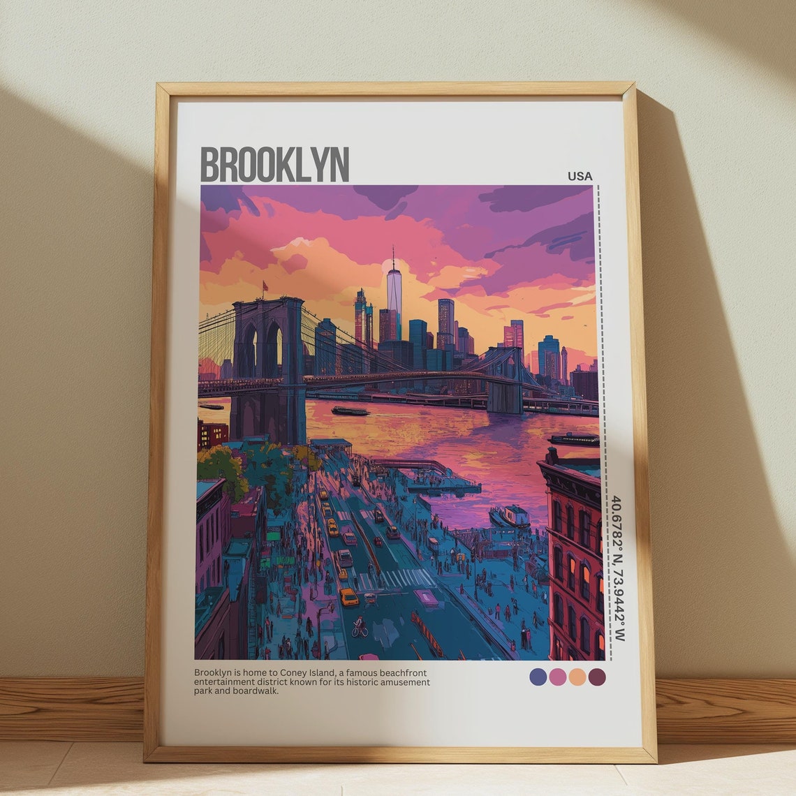 Brooklyn Bridge Manhattan Skyline Sunset Pink Clouds NYC Poster