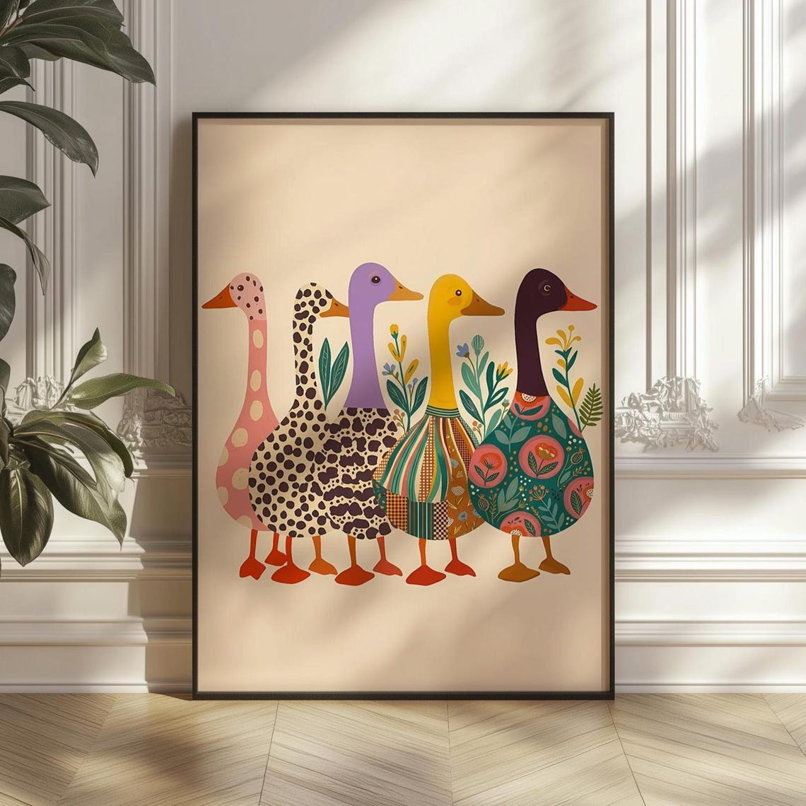 Colorful Patterned Folk Art Geese Whimsical Boho Bird Poster