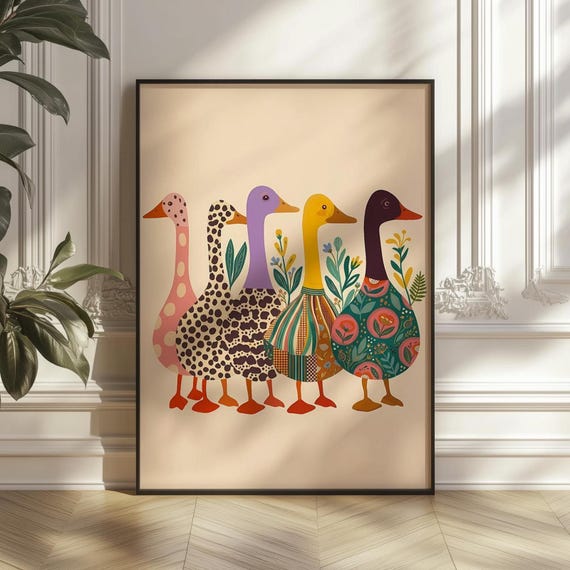 Colorful Duck Folk Art Print Whimsical Animal Wall Boho Bird Illustration Eclectic Home Decor Digital Download