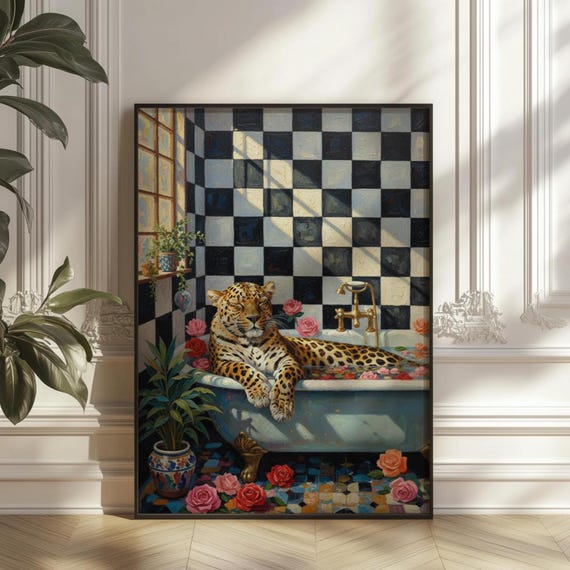 Leopard Bath Colorful Art Print Maximalist Animal Bathroom Decor Digital Download