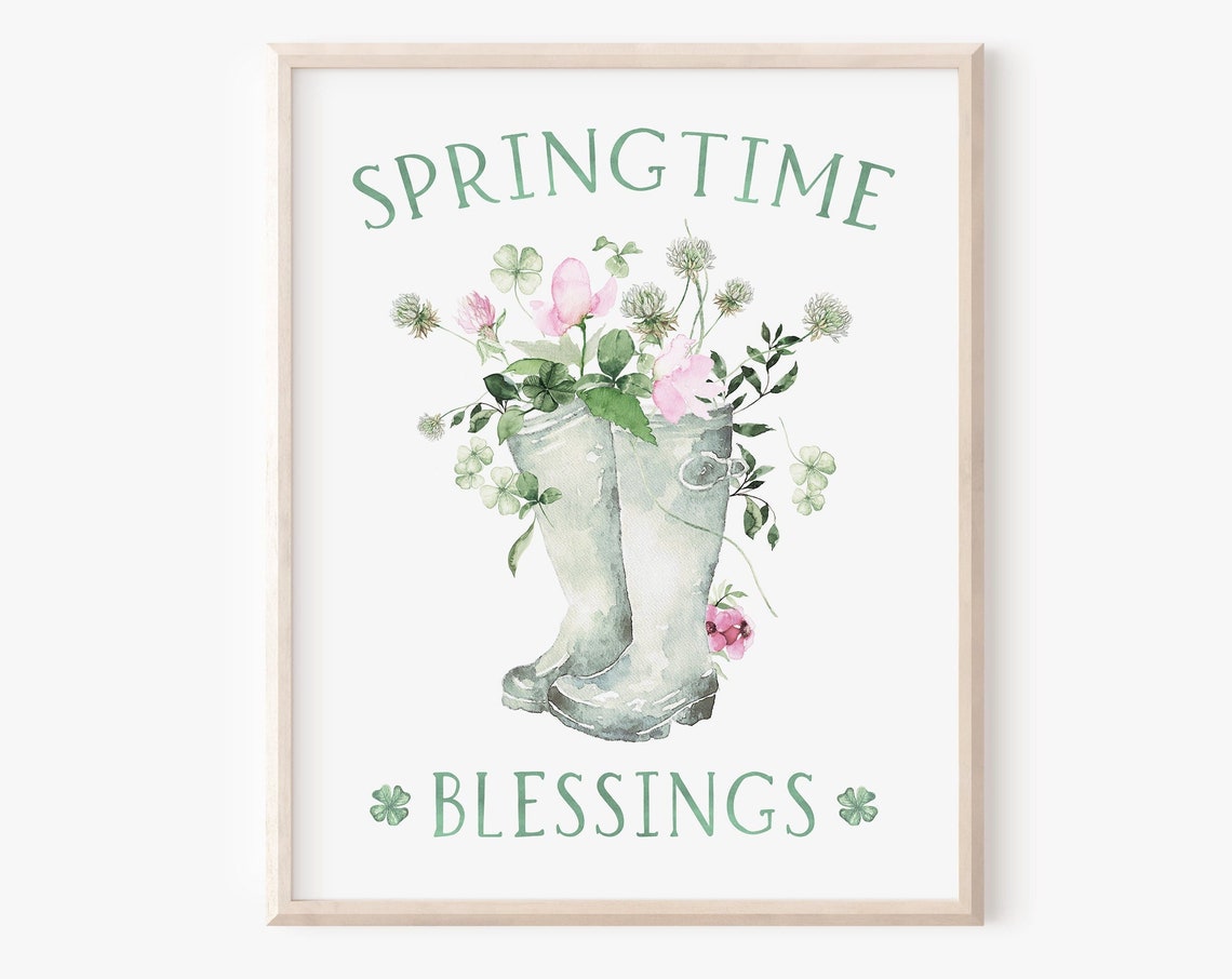 Springtime Blessings Rain Boots Shamrock Clover Floral Wall Art