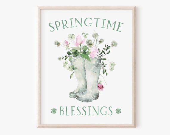 Springtime Blessings Rain Boots Shamrock Clover Floral Wall Art