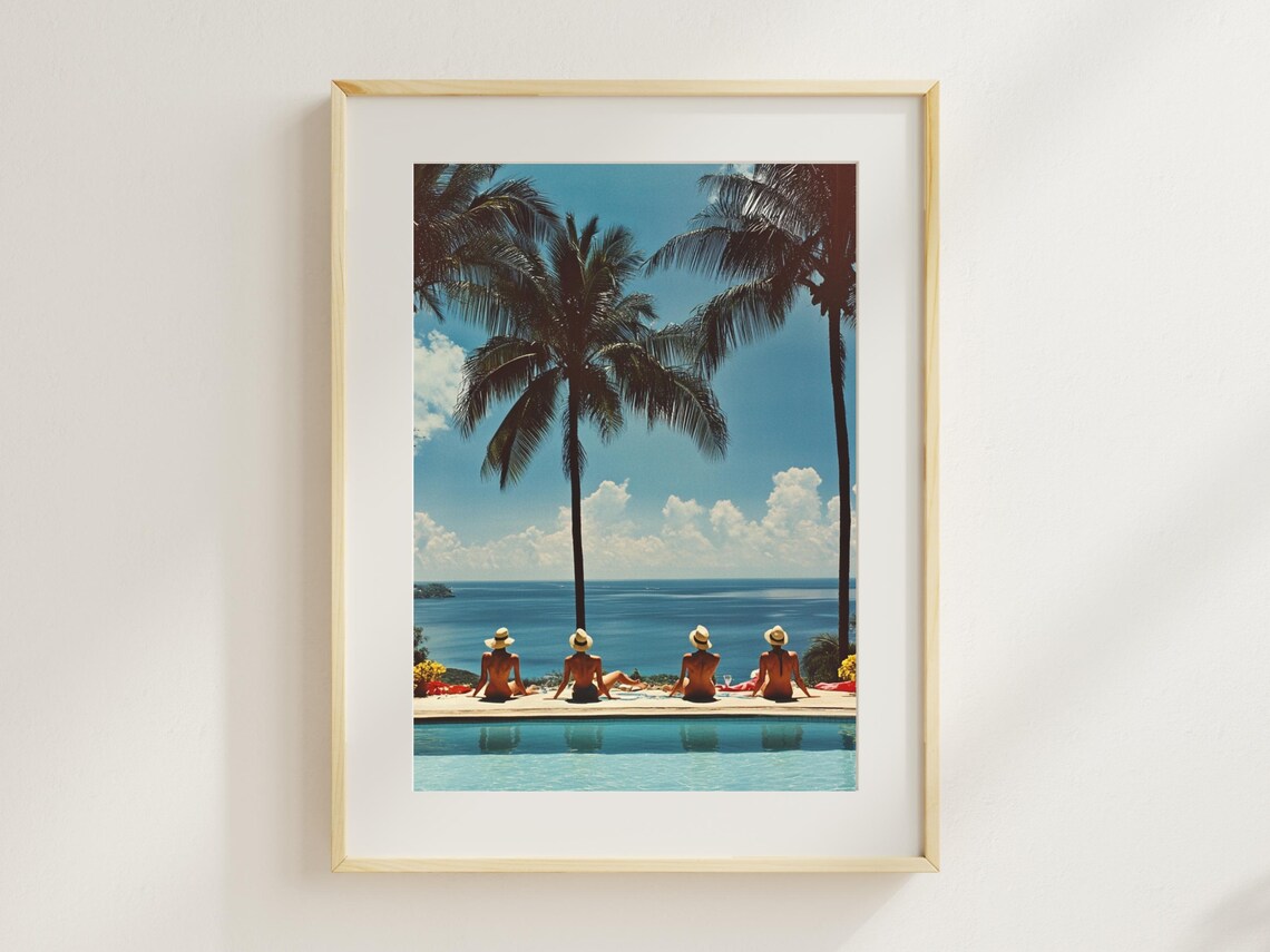 Retro Poolside Glam Women Palm Trees Ocean View Photo Poster