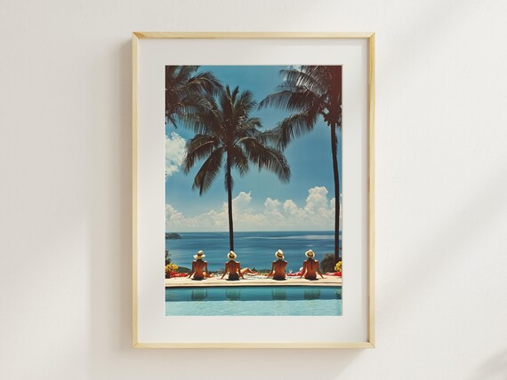 Retro Poolside Glam Women Palm Trees Ocean View Photo Poster