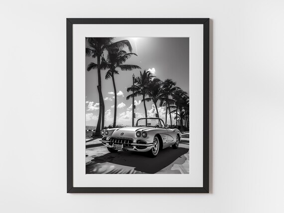 Vintage Convertible Car Wall Art Slim Aarons Style Palm Tree Sunset Print