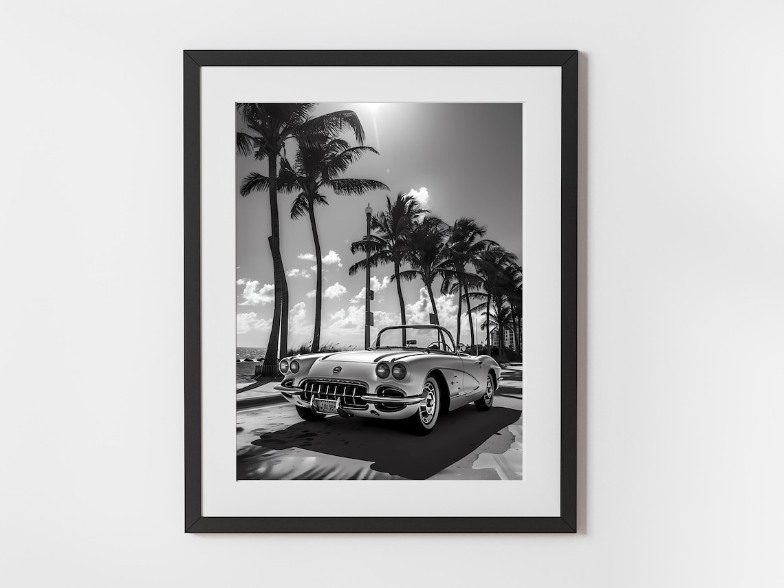 Vintage Corvette Convertible Palm Trees Black White Photo Poster