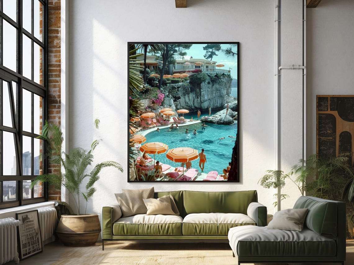 Retro Cliffside Resort Pool Party in Coral Orange Midcentury Poster