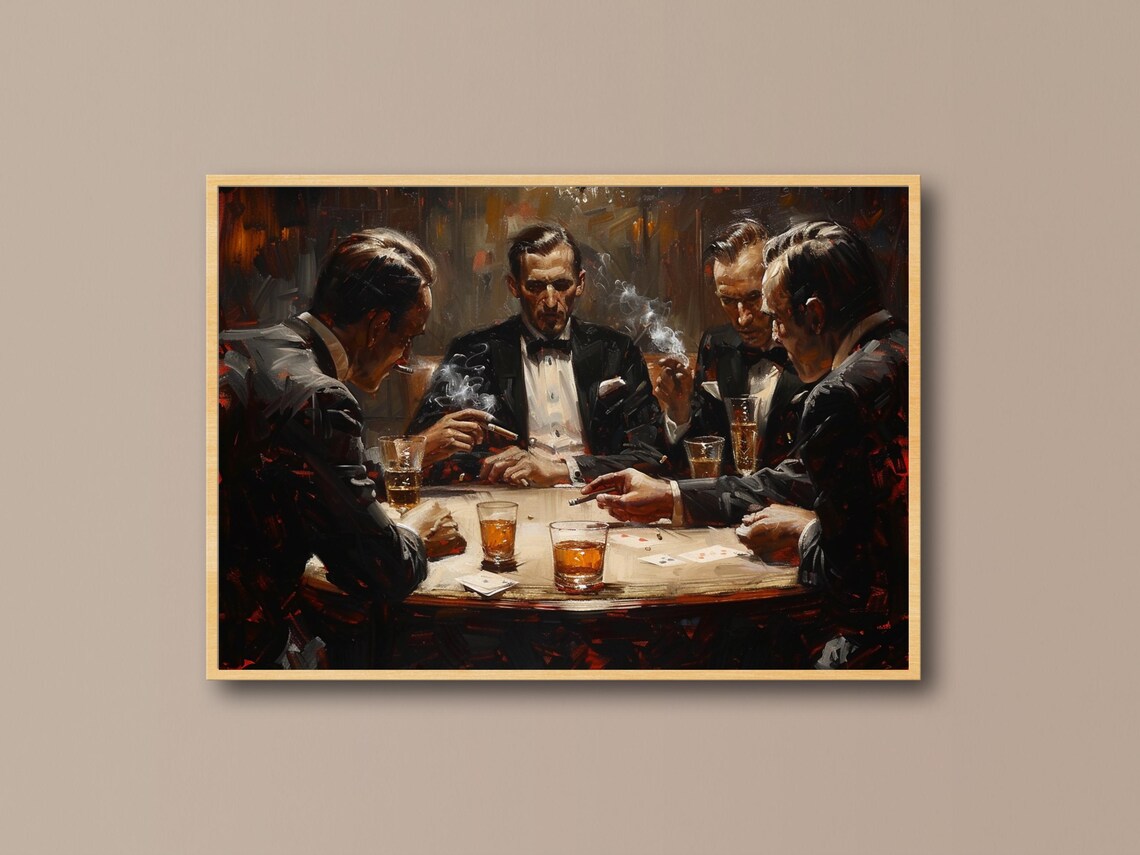 Vintage Gentlemen Poker Night with Whiskey Oil Painting Poster