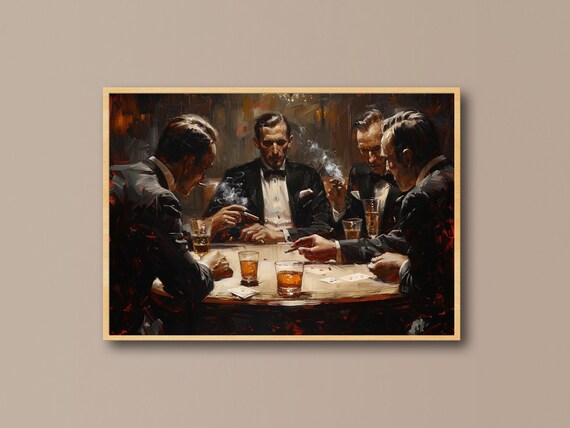 Vintage Gentlemen Poker Night with Whiskey Oil Painting Poster